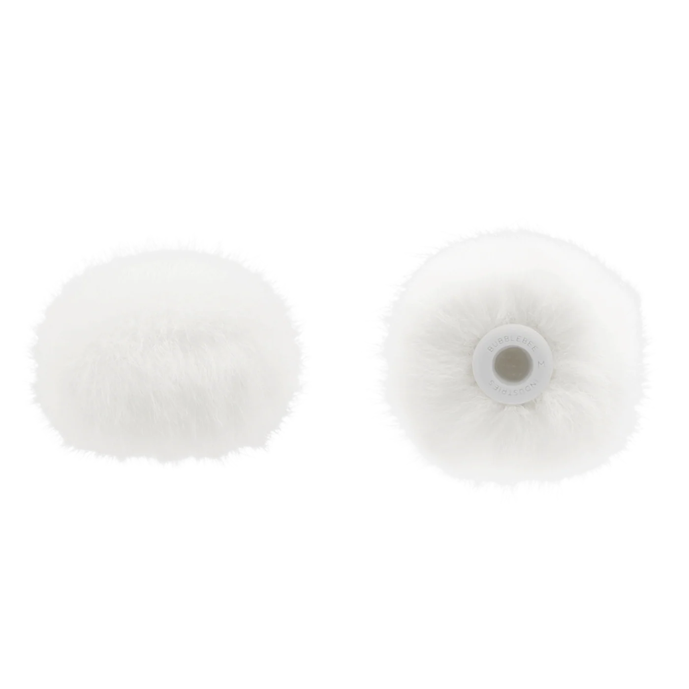White circular microphone windscreen, front and back