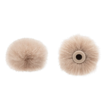 Beige circular microphone windscreen, front and back