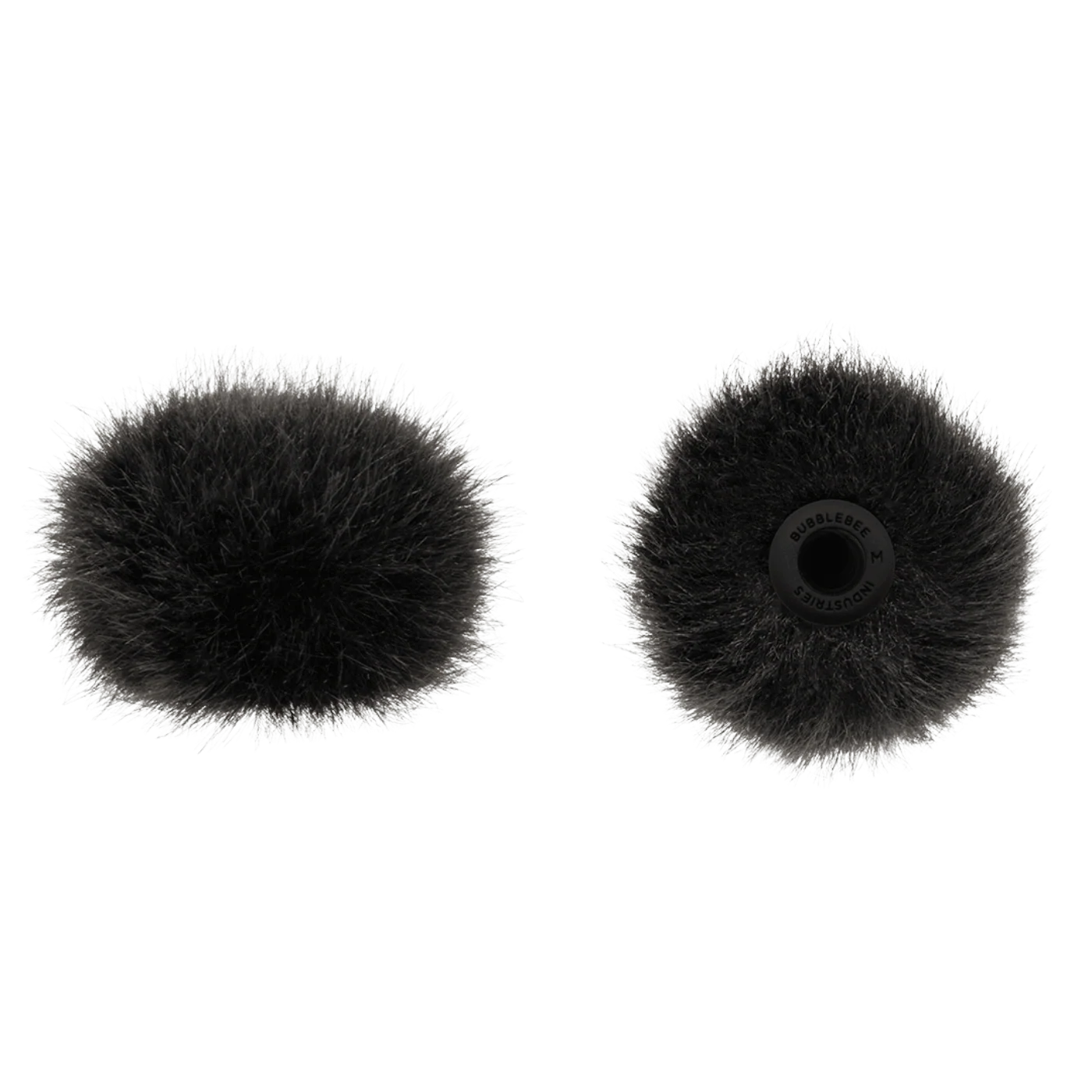 Two black circular microphone windscreens, front and back