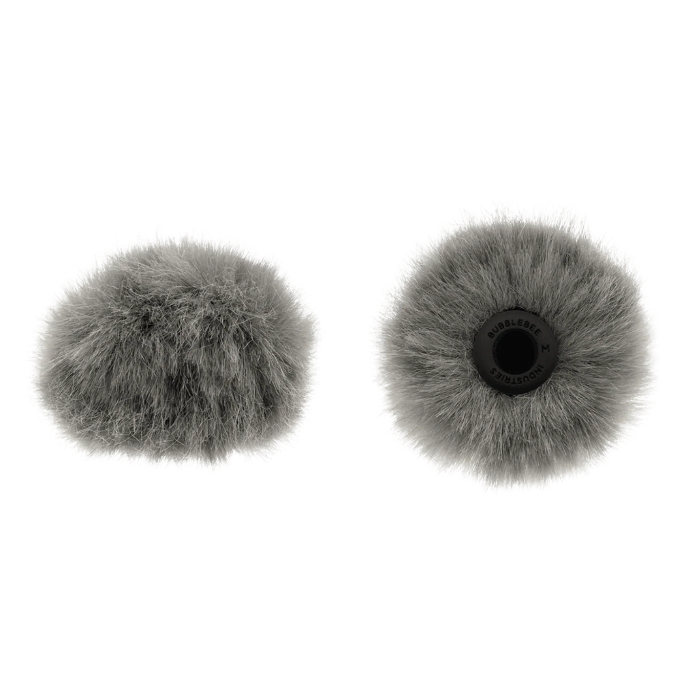 Grey circular microphone windscreen, front and back