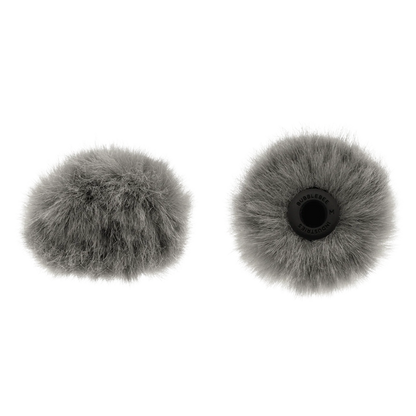 Grey circular microphone windscreen, front and back