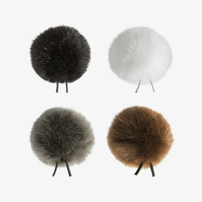 Faux fur pom-poms with twin-prong base in black, off-white, grey, and brown (set of 4)
