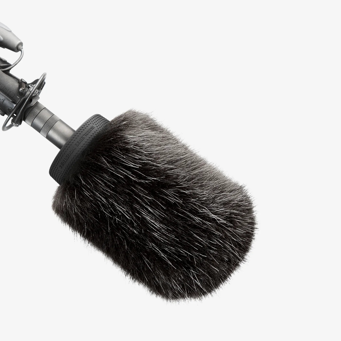 Black furry microphone windscreen for shotgun mic with textured grip band