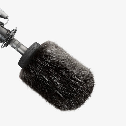 Black furry microphone windscreen for shotgun mic with textured grip band