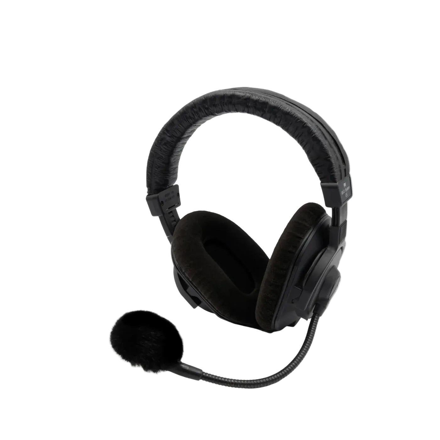 Black over-ear headphones with black faux-fur windscreen and microphone cable