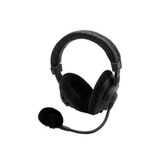 Black over-ear headphones with black faux-fur windscreen and microphone cable