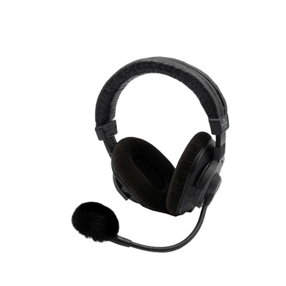 Black over-ear headphones with black faux-fur windscreen and microphone cable