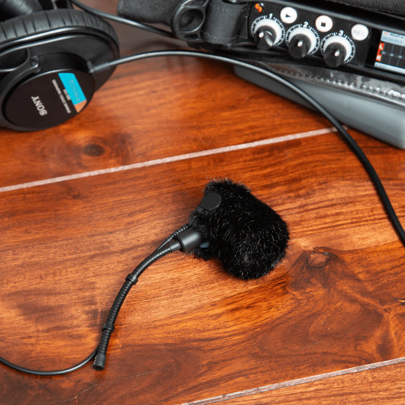 Black furry windscreen on tabletop microphone stand for DPA recording