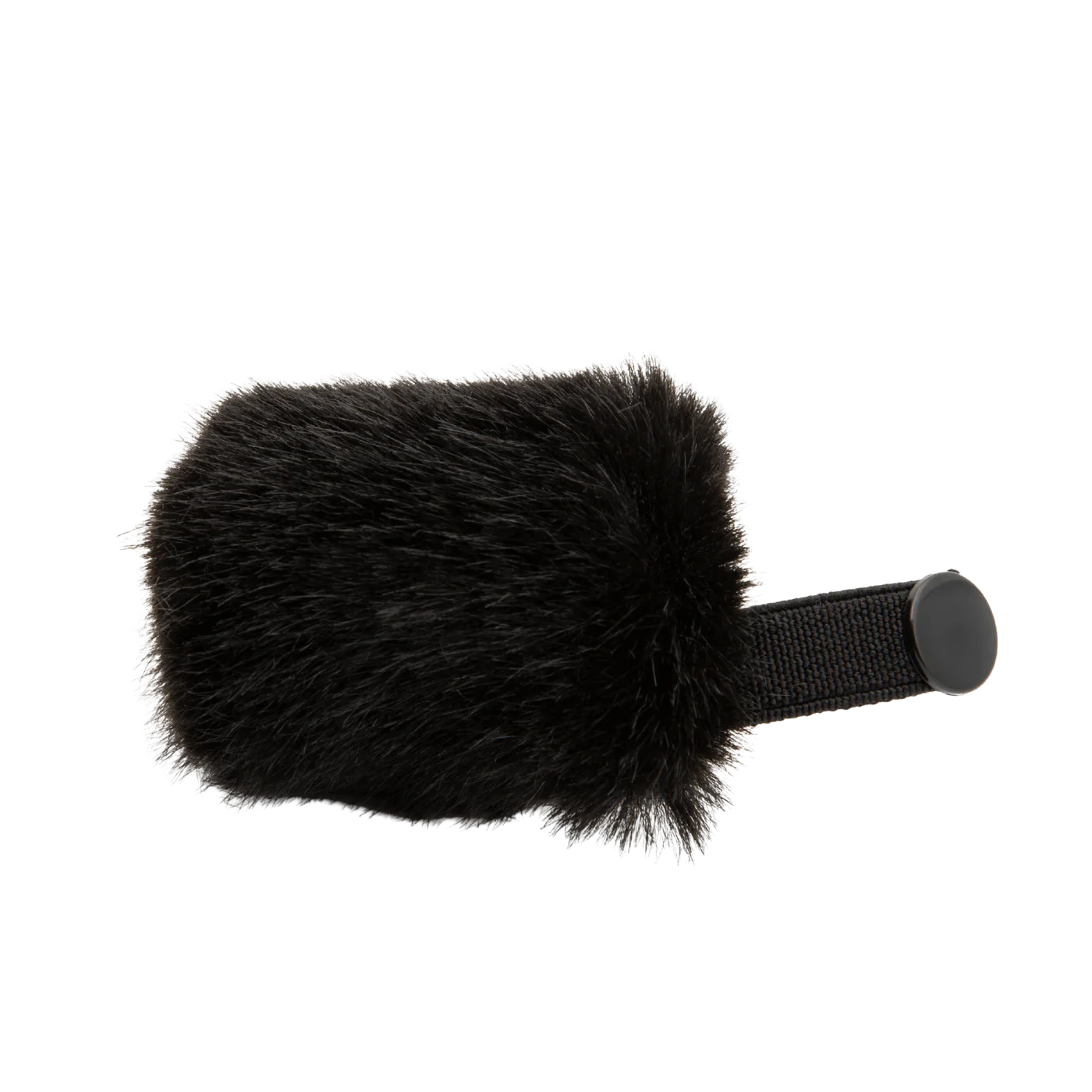 Black furry windscreen with strap and round end for DPA microphone