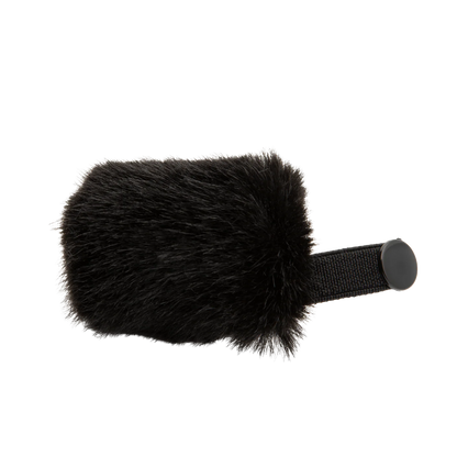 Black furry windscreen with strap and round end for DPA microphone