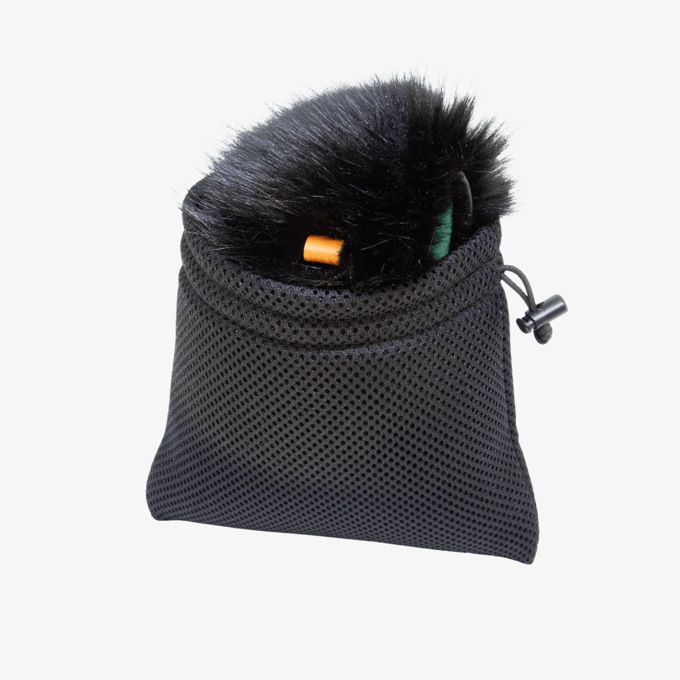 Black mesh windscreen pouch with drawstring and black furry insert