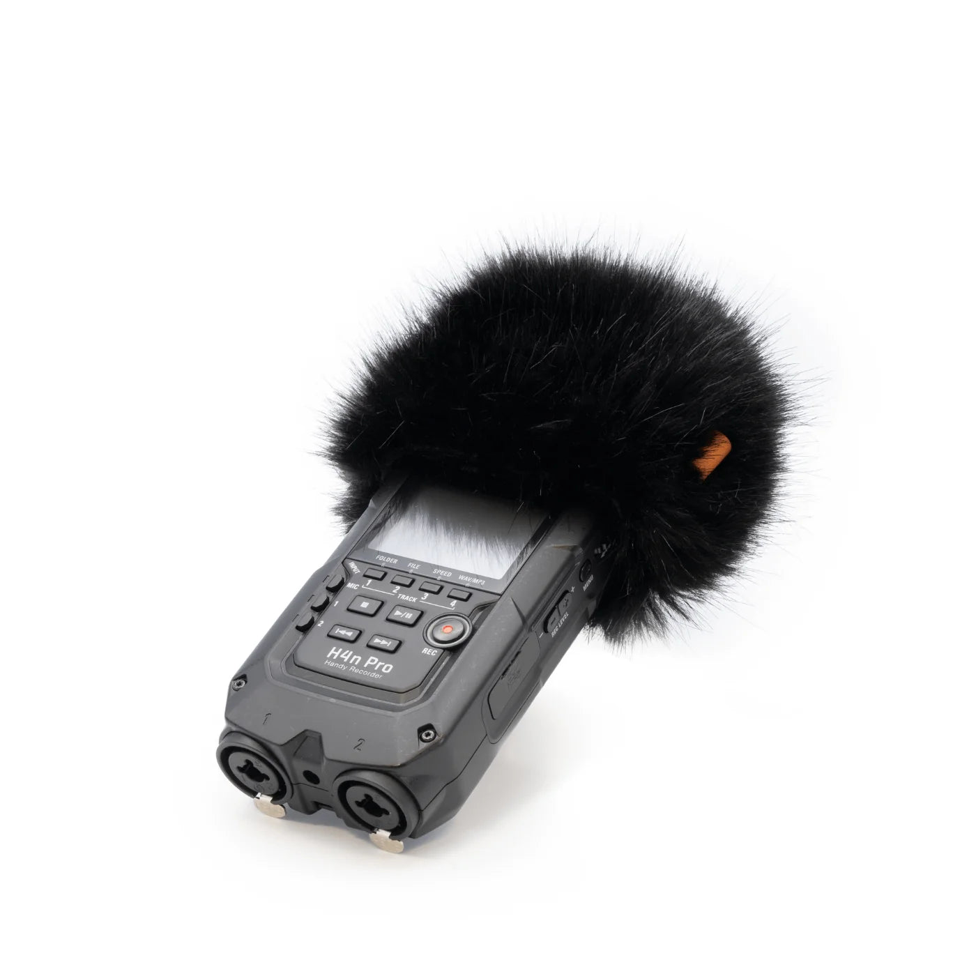 Gray handheld recorder with black furry windscreen