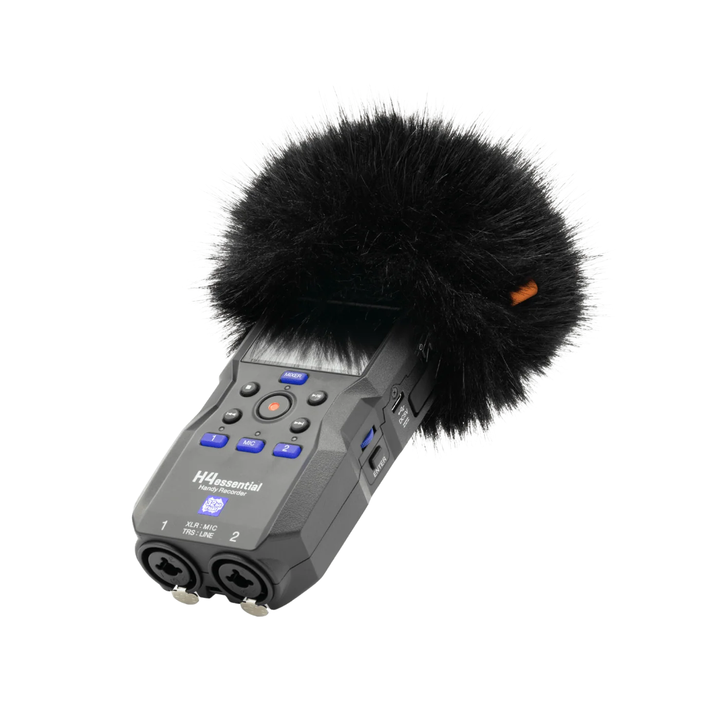 Portable audio recorder with black furry windscreen and control buttons