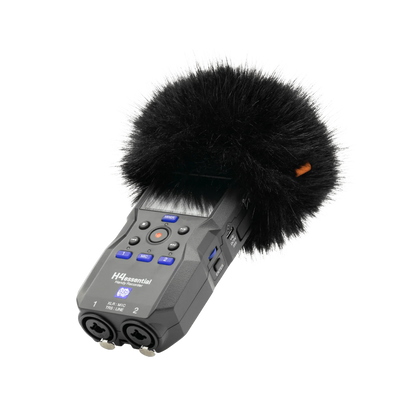 Portable audio recorder with black furry windscreen and control buttons