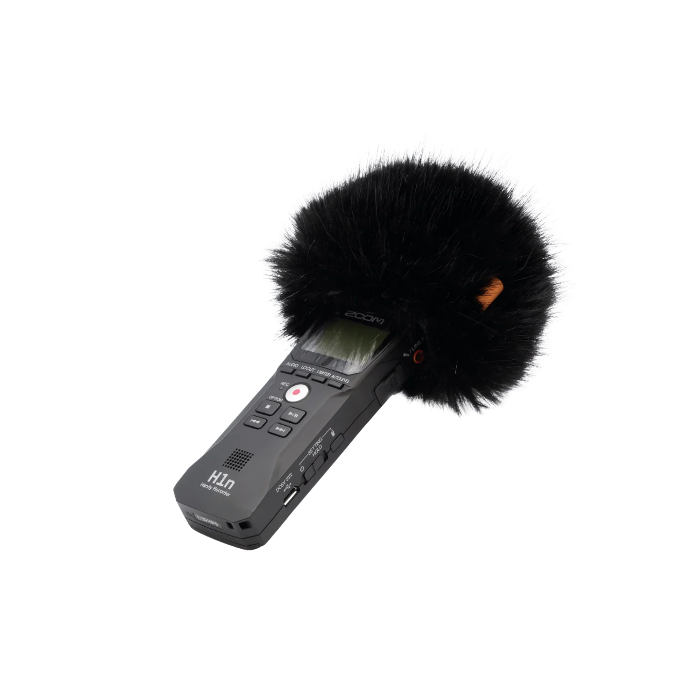 Handheld audio recorder with large black furry windscreen