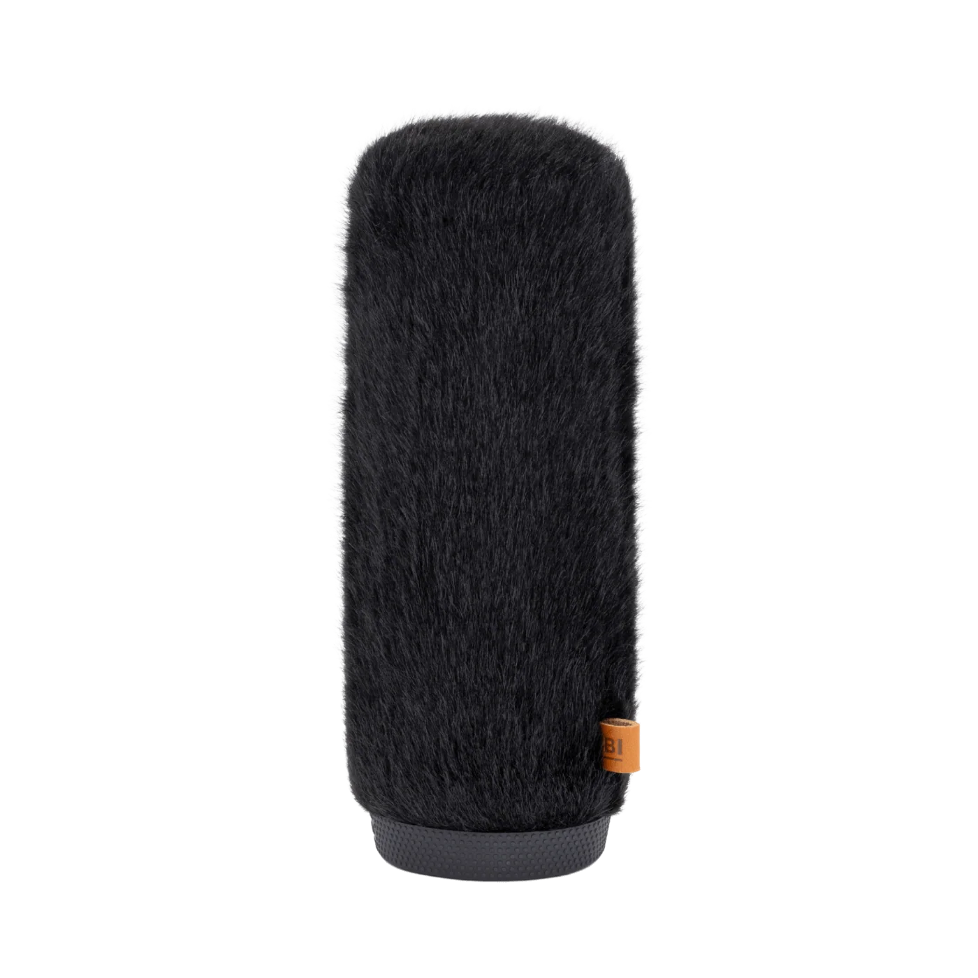 Black fuzzy microphone windscreen cover with orange label on base