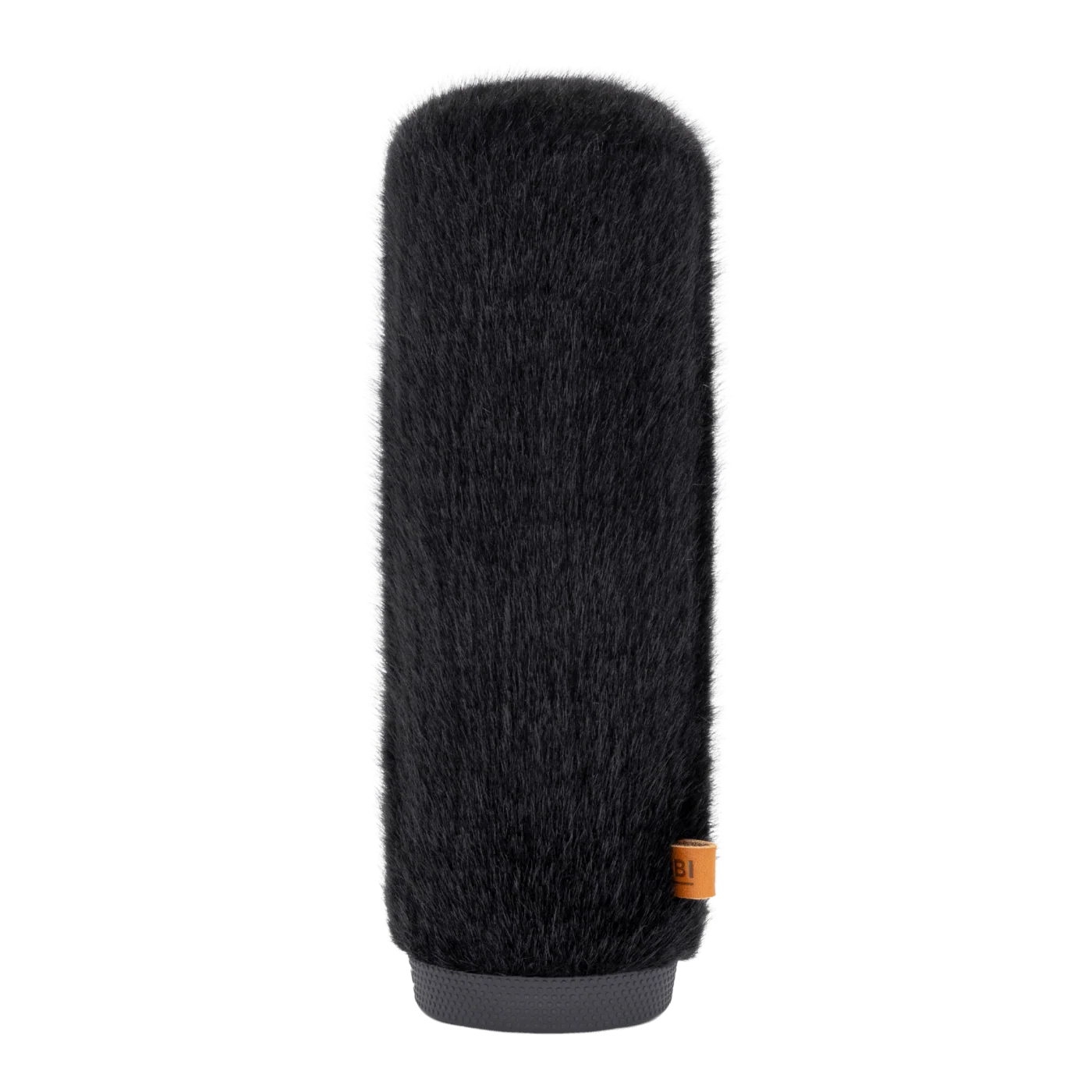 Hair brush attachment with dark long bristles and gray base, small orange label