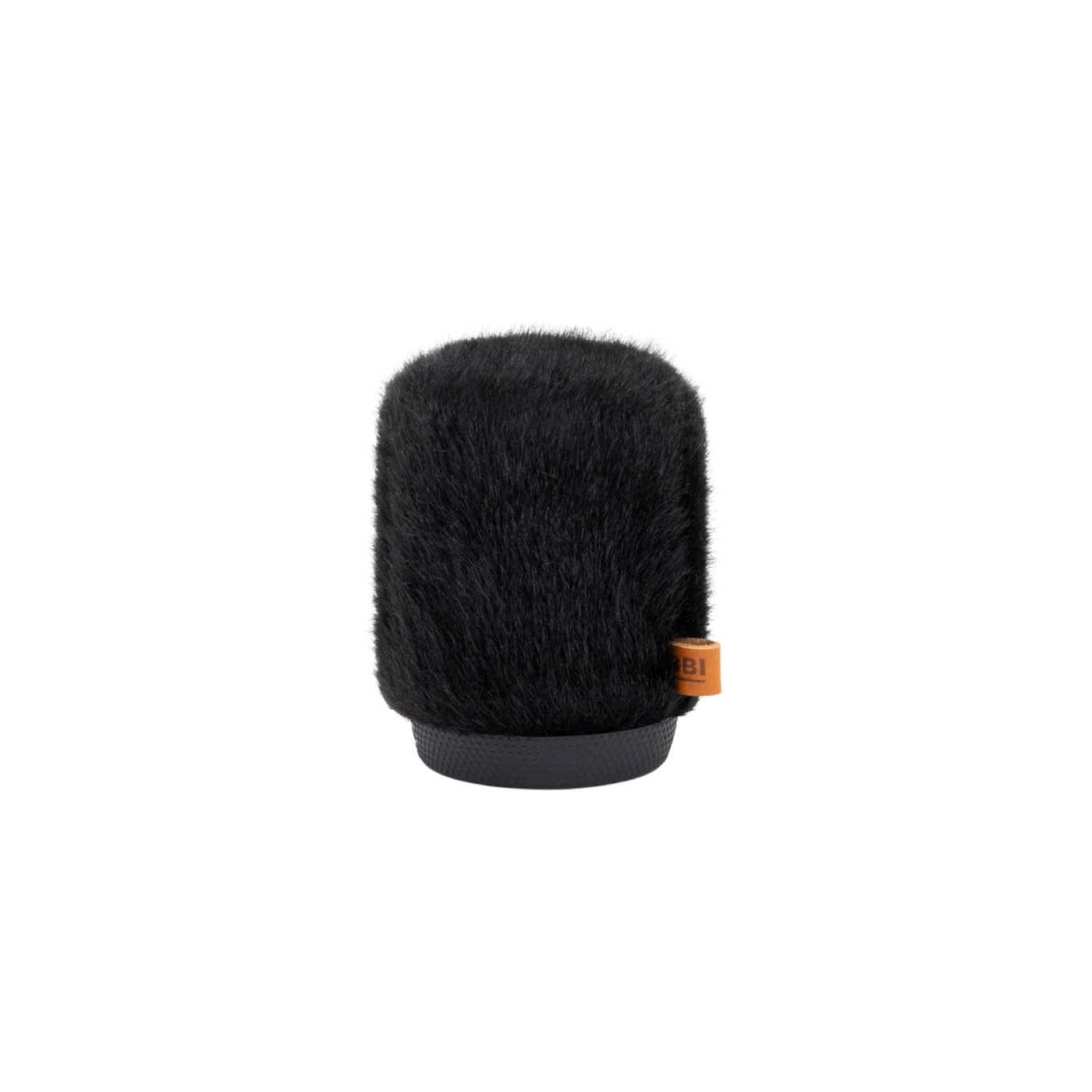 Black furry microphone windscreen cylinder with orange bottom label