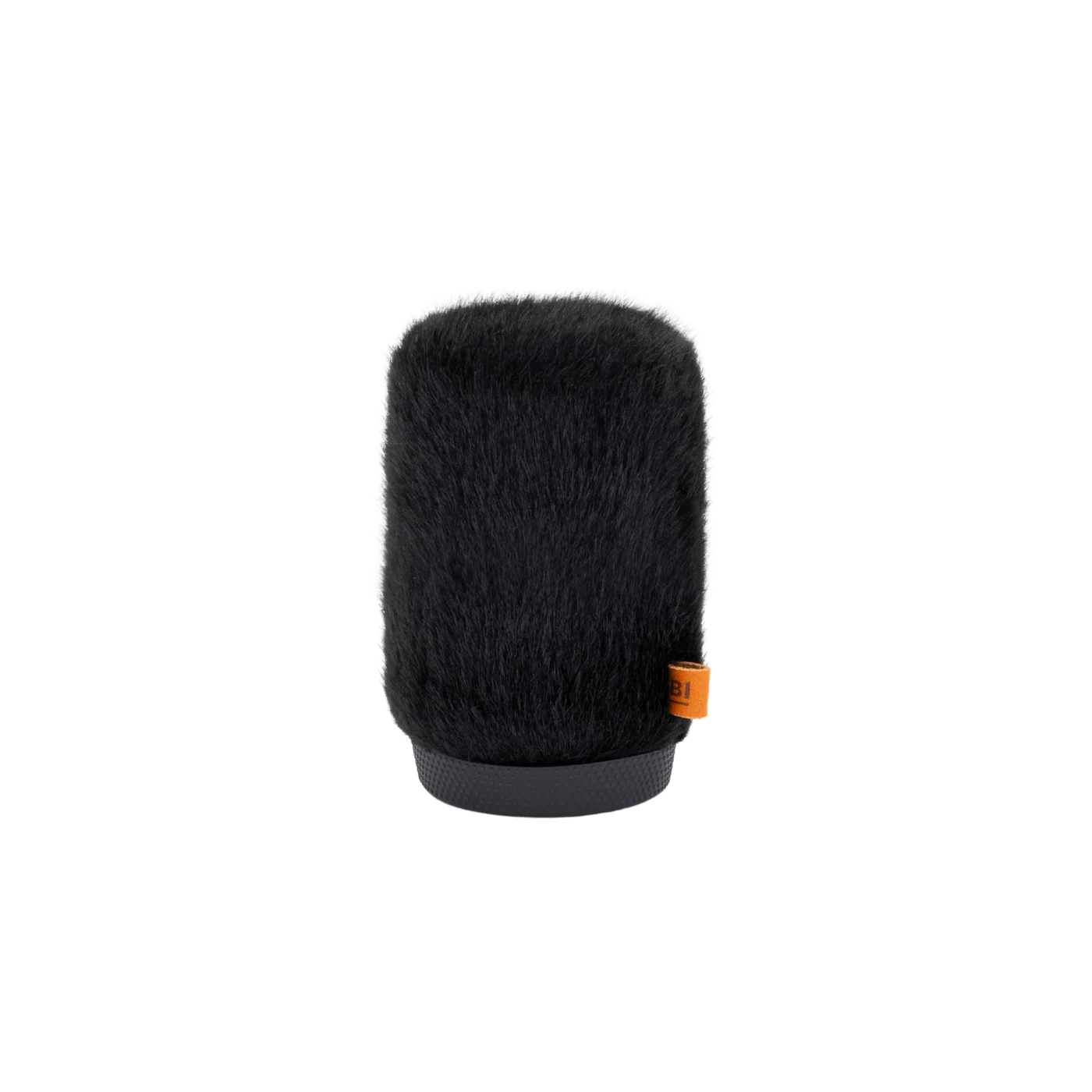 Black cylindrical furry microphone windscreen with small orange label