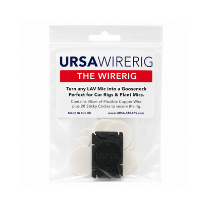 WireRig Gooseneck kit in clear bag with white circles and black clip