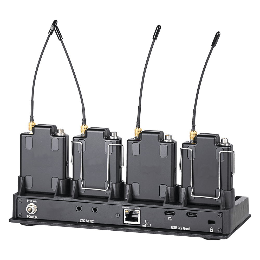 Wisycom MTP61 Miniture Transmitter in dock from behind